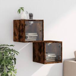 Berkfield Home Elegant Bedside Cabinets with Glass Doors 2 pcs Smoked Oak 35x37x35 cm in Brown - Size: 35 x 37 x 35 cm