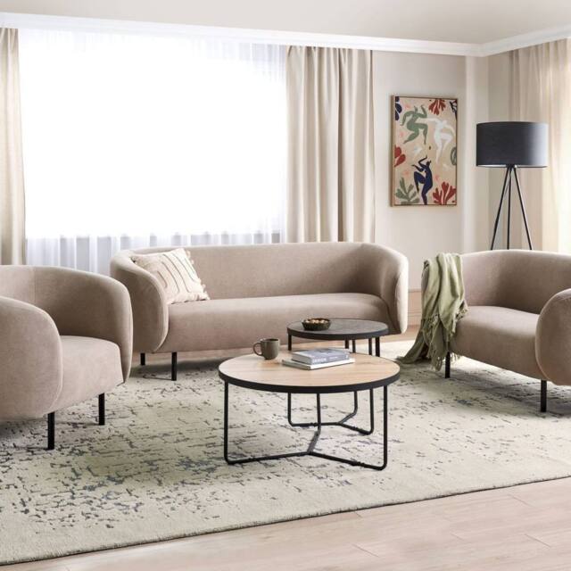 Wyld and Coco Taupe Polyester Sofa Set - 3-Seater Loveseat Armchair Black Legs in Beige - image 1
