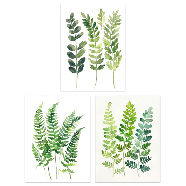Artery8 Set of 3 Fern Fronds Leaves Botanical Watercolour A4 Size Art Prints in Green - image 1