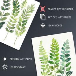 Artery8 Set of 3 Fern Fronds Leaves Botanical Watercolour A4 Size Art Prints in Green - thumbnail 4