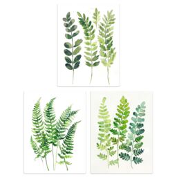 Artery8 Set of 3 Fern Fronds Leaves Botanical Watercolour A4 Size Art Prints in Green - thumbnail 1