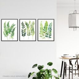 Artery8 Set of 3 Fern Fronds Leaves Botanical Watercolour A4 Size Art Prints in Green - thumbnail 3