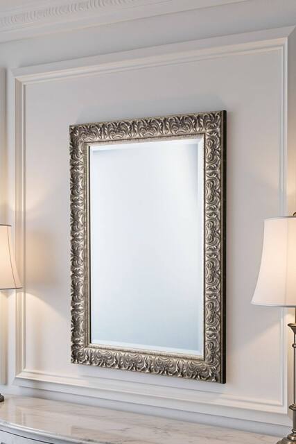 Yearn Mirrors Carved Framed Bevelled Mirror Silver 130.5x77cm - Size: 130.5x77 cm - image 1