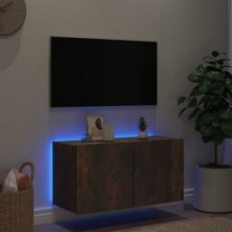 Berkfield Home TV Wall Cabinet with LED Lights Smoked Oak 80x35x41 cm in Brown - Size: 80 x 35 x 41 cm - thumbnail 4
