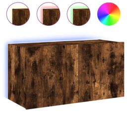 Berkfield Home TV Wall Cabinet with LED Lights Smoked Oak 80x35x41 cm in Brown - Size: 80 x 35 x 41 cm - thumbnail 2