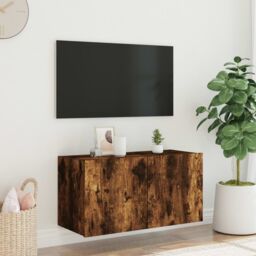 Berkfield Home TV Wall Cabinet with LED Lights Smoked Oak 80x35x41 cm in Brown - Size: 80 x 35 x 41 cm - thumbnail 5