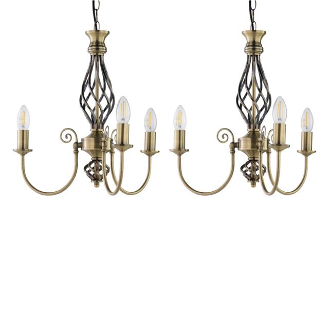 First Choice Lighting Set of 2 Barley Twist - Antique Brass 3 Light Pendants in Gold - image 1