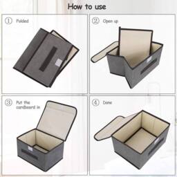 Havendro 3Pcs Large with Lid Storage Boxes Folding Fabric Clothes Baskets in Grey - thumbnail 4