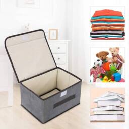 Havendro 3Pcs Large with Lid Storage Boxes Folding Fabric Clothes Baskets in Grey - thumbnail 5
