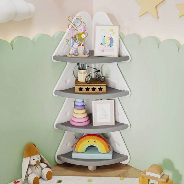 Costway 4-Tier Kids Corner Bookshelf Christmas Tree Bookcase Toy Storage Rack - image 1