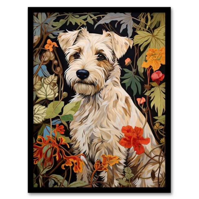 Artery8 White Cream Border Terrier On Elegant Floral Backdrop William Morris Style Jungle Flowers Artwork Art Print Framed Poster Wall Decor - image 1
