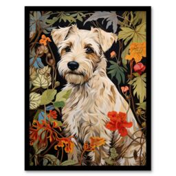 Artery8 White Cream Border Terrier On Elegant Floral Backdrop William Morris Style Jungle Flowers Artwork Art Print Framed Poster Wall Decor - thumbnail 1