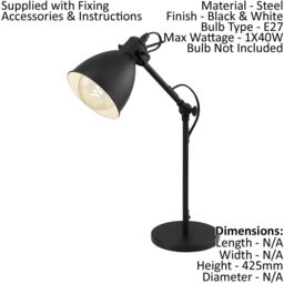 Loops 2 PACK Adjustable Table Lamp Desk Light Black & White Steel Shade 1x 40W E27 - thumbnail 2