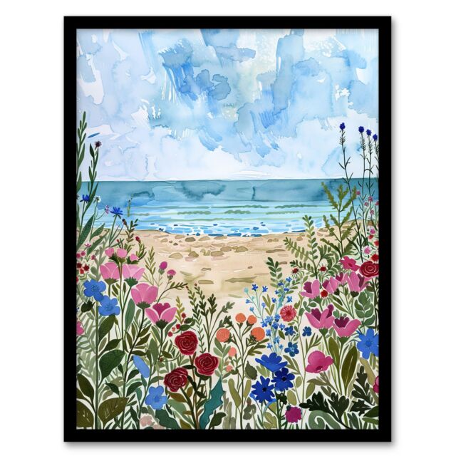 "Artery8 Sardinia Shore Beach Flowers Coastal Watercolour Framed Art Print in Blue - Size: W12"" x H16""" - image 1