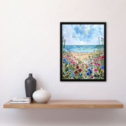 "Artery8 Sardinia Shore Beach Flowers Coastal Watercolour Framed Art Print in Blue - Size: W12"" x H16""" - thumbnail 4