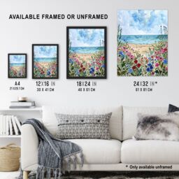 "Artery8 Sardinia Shore Beach Flowers Coastal Watercolour Framed Art Print in Blue - Size: W12"" x H16""" - thumbnail 3