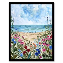 "Artery8 Sardinia Shore Beach Flowers Coastal Watercolour Framed Art Print in Blue - Size: W12"" x H16""" - thumbnail 1