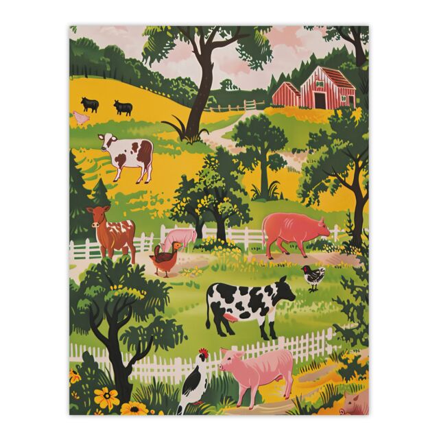 "Artery8 Cute Farm Animals Cow Pig Chickens Painting Wall Art Print in Green - Size: W24"" x H32""" - image 1