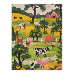 "Artery8 Cute Farm Animals Cow Pig Chickens Painting Wall Art Print in Green - Size: W24"" x H32""" - thumbnail 1
