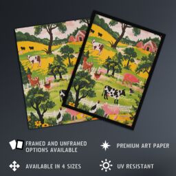 "Artery8 Cute Farm Animals Cow Pig Chickens Painting Wall Art Print in Green - Size: W24"" x H32""" - thumbnail 2