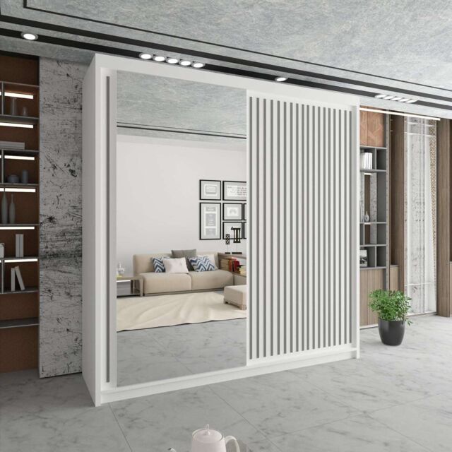 Sliding Wardrobes 4U Sleek Sliding Mirror Wardrobe with LED Various Sizes W150cm x H217cm in White - image 1