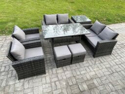 Fimous Rattan Garden Furniture Set 8 Seater Patio Outdoor Lounge Sofa Set with Oblong Dining Table Double Seat Sofa in Dark Grey - thumbnail 2