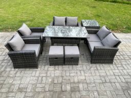Fimous Rattan Garden Furniture Set 8 Seater Patio Outdoor Lounge Sofa Set with Oblong Dining Table Double Seat Sofa in Dark Grey - thumbnail 1