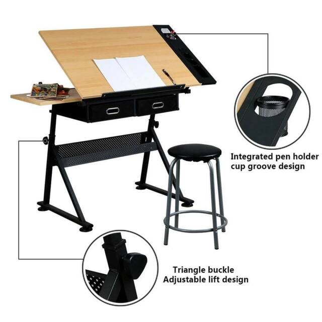 VOGREX Wood Adjustable Drafting Table Stool Set Architect Drawing Desk in Beige - image 1