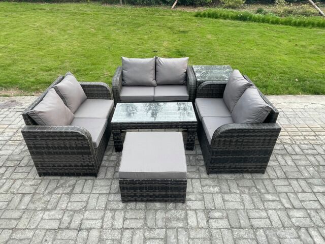 Fimous Rattan Garden Furniture Set 7 Seater Indoor Outdoor Patio Sofa Set with Coffee Table Loveseat Sofa Big Footstool Side Table Dark Grey Mixed - image 1