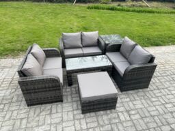 Fimous Rattan Garden Furniture Set 7 Seater Indoor Outdoor Patio Sofa Set with Coffee Table Loveseat Sofa Big Footstool Side Table Dark Grey Mixed - thumbnail 2