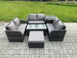 Fimous Rattan Garden Furniture Set 7 Seater Indoor Outdoor Patio Sofa Set with Coffee Table Loveseat Sofa Big Footstool Side Table Dark Grey Mixed - thumbnail 1