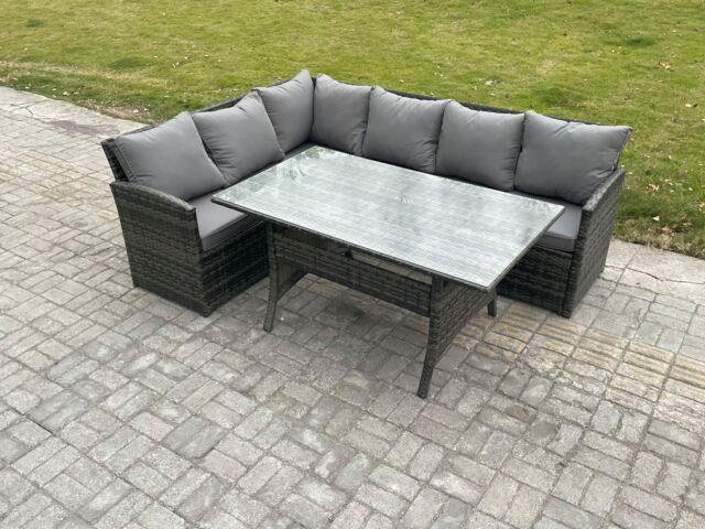 Fimous Outdoor Rattan Garden Furniture Corner Sofa Set with Rectangular Dining Table Patio Wicker Rattan Set in Dark Grey - image 1