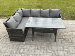 Fimous Outdoor Rattan Garden Furniture Corner Sofa Set with Rectangular Dining Table Patio Wicker Rattan Set in Dark Grey - thumbnail 2