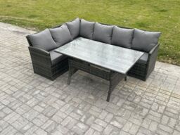 Fimous Outdoor Rattan Garden Furniture Corner Sofa Set with Rectangular Dining Table Patio Wicker Rattan Set in Dark Grey - thumbnail 1