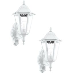 Loops 2 PACK IP44 Outdoor Wall Light & PIR Sensor White Aluminium Lantern 60W E27 - thumbnail 1