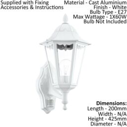 Loops 2 PACK IP44 Outdoor Wall Light & PIR Sensor White Aluminium Lantern 60W E27 - thumbnail 2