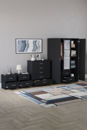 Home Discount Vida Designs 4Pc Bedroom Set 2x2Bedside, 5 Drawer, 3Dr Mirror Wardrobe in Black - thumbnail 2