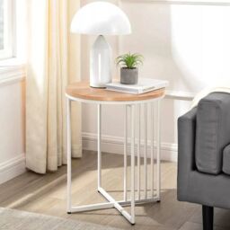 EONLION 2 x 45cm Minimalist Wood/Metal Slatted Side Sofa End Coffee Table in Beige - Size: 2 x 45 cm - thumbnail 1