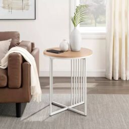 EONLION 2 x 45cm Minimalist Wood/Metal Slatted Side Sofa End Coffee Table in Beige - Size: 2 x 45 cm - thumbnail 3