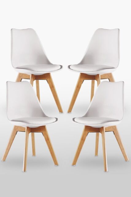 Life Interiors Set of 4 Scandinavian Dining Chairs Leather Cushions Solid Wood Legs in White - image 1
