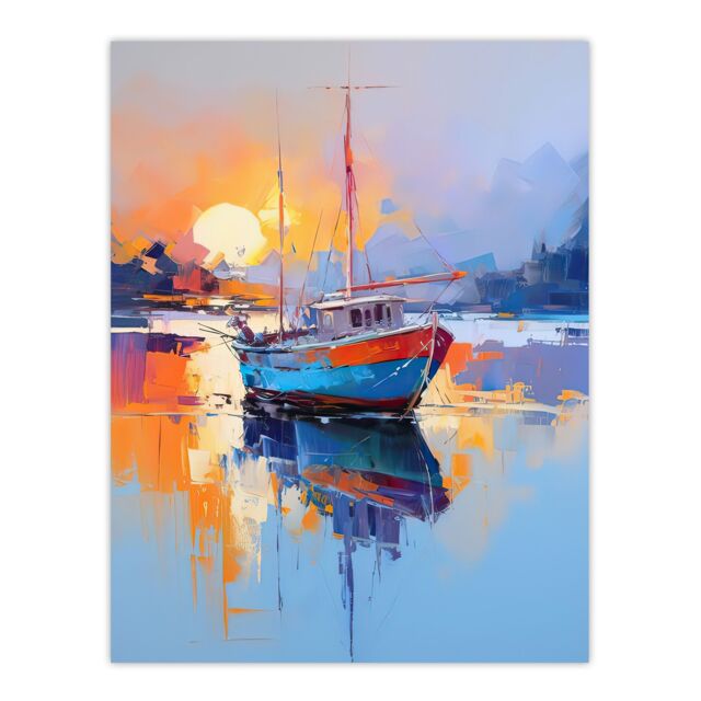 "Artery8 Wall Art Print Fishing Boat in Tranquil Lake at Sunrise Painting Seascape Poster in Blue - Size: W18"" x H24""" - image 1