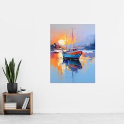 "Artery8 Wall Art Print Fishing Boat in Tranquil Lake at Sunrise Painting Seascape Poster in Blue - Size: W18"" x H24""" - thumbnail 4