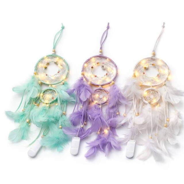 Lovii LED Dreamcatcher Wall Hanging Feather Decoration Boho Room Decor in Green - image 1