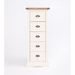 Cabinet Bits Cosenza 5 Drawer Narrow Chest of Drawers Brass Cup Handle in Off-White