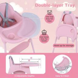 CASART 4-in-1 Baby High Chair Convertible Highchair w/5-Point Safety Harness in Pink - thumbnail 4