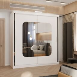 MN Furniture Wardrobe with Double Sliding Mirror Door-LED Light 203x217cm in White - Size: 203x217 cm - thumbnail 1