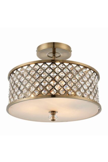 Netlighting Hudson 3 Light Flush Ceiling Light Antique Brass Crystal E27 in Gold - image 1