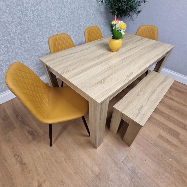 KOSY KOALA Oak Effect Dining Table Set With 4 Mustard Gem Pattern Chairs & Bench Dining Room Furniture in Brown - image 1