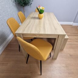 KOSY KOALA Oak Effect Dining Table Set With 4 Mustard Gem Pattern Chairs & Bench Dining Room Furniture in Brown - thumbnail 4