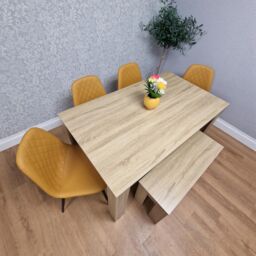 KOSY KOALA Oak Effect Dining Table Set With 4 Mustard Gem Pattern Chairs & Bench Dining Room Furniture in Brown - thumbnail 3